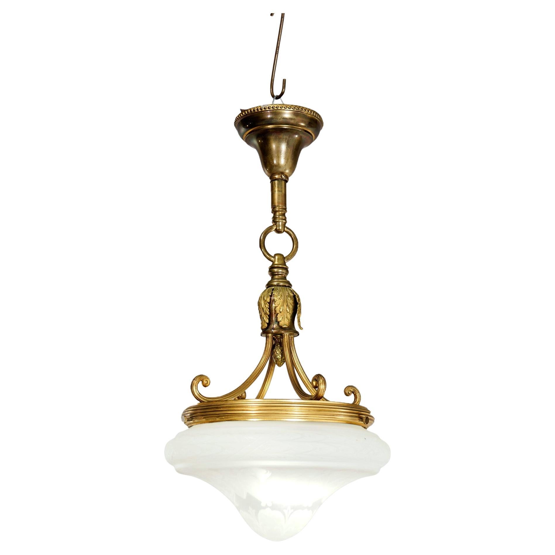 Brass Hanging Light Fixture with Antique Milk Glass Disk Shade For Sale