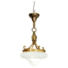 Antique Brass Hanging Pendant Light with Acid Etched Shade Circa 1910