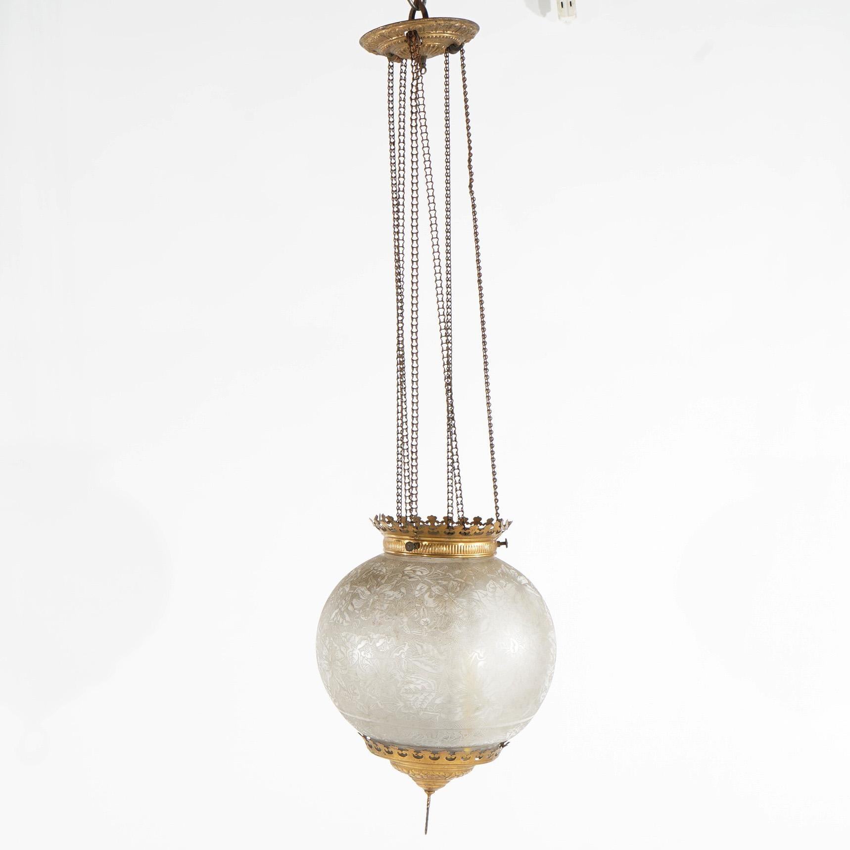 Antique Brass Hanging Pendant Light with Floral Etched Glass Globe c1890

Measures - 34