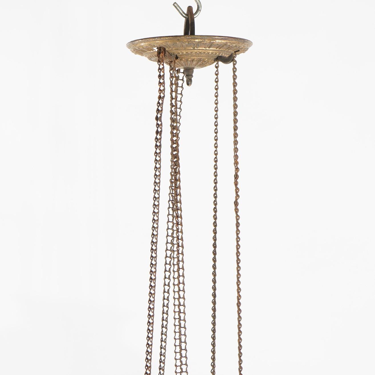 Antique Brass Hanging Pendant Light with Floral Etched Glass Globe c1890 In Good Condition In Big Flats, NY