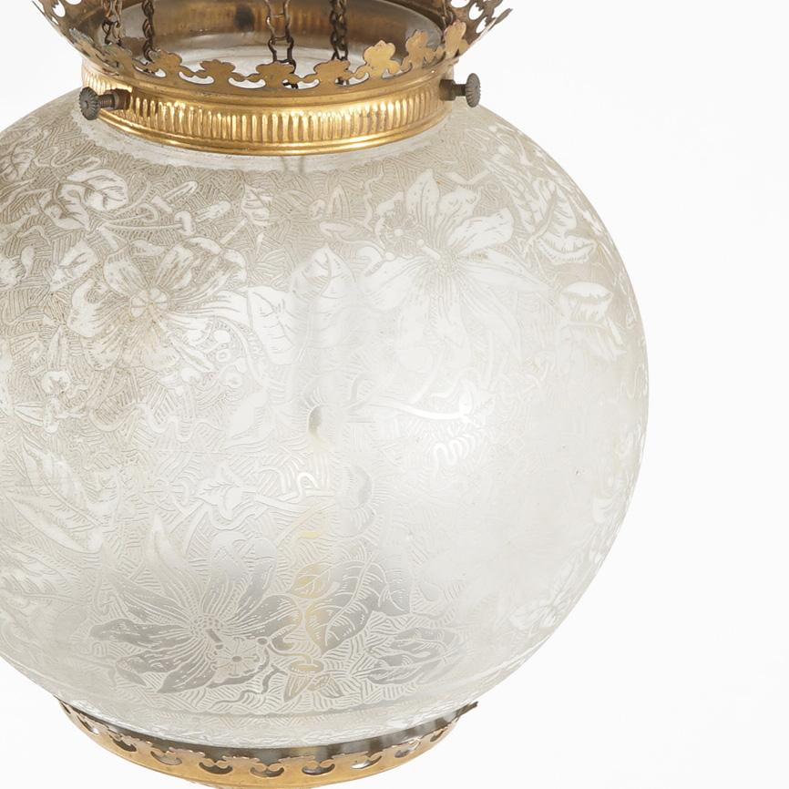 19th Century Antique Brass Hanging Pendant Light with Floral Etched Glass Globe c1890