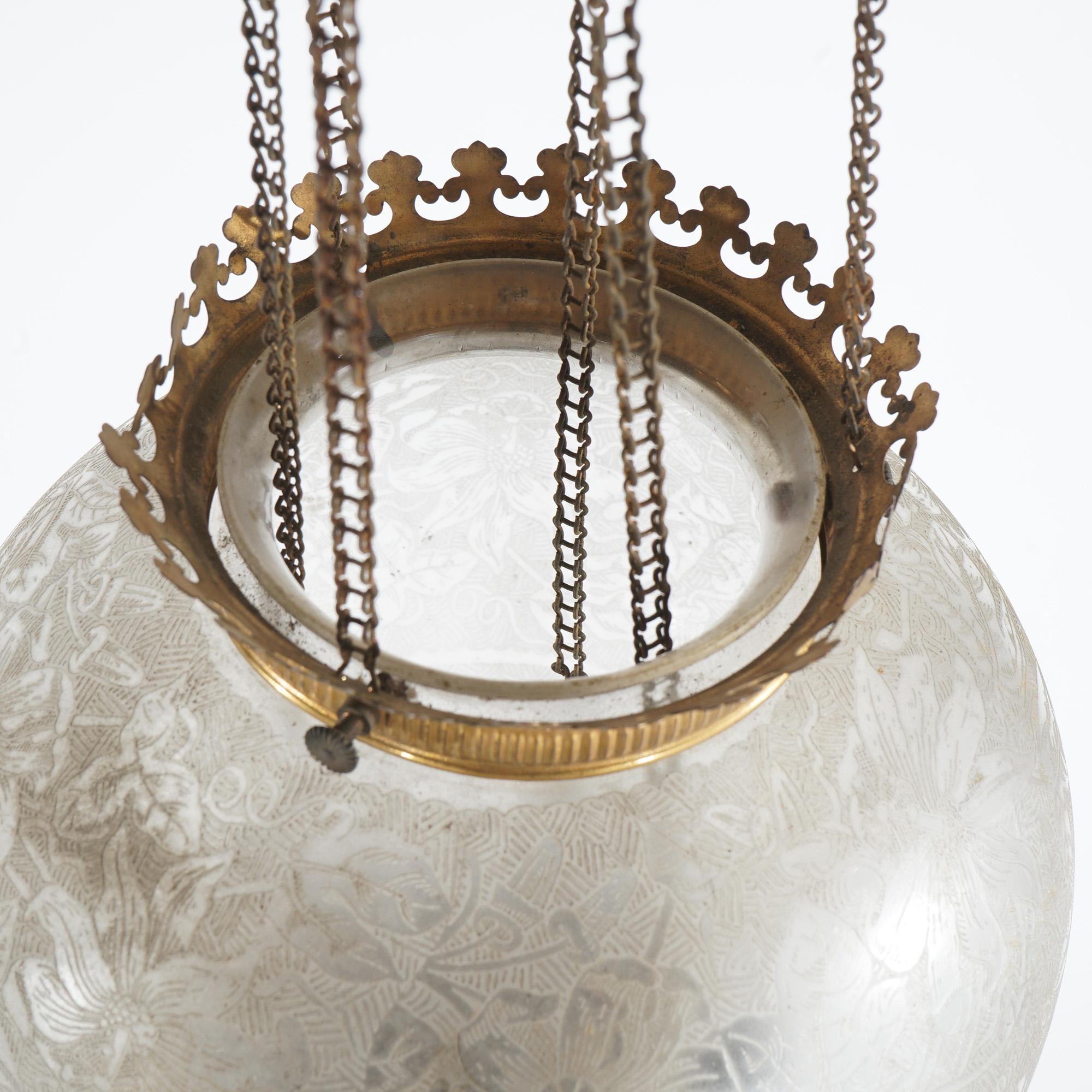 Antique Brass Hanging Pendant Light with Floral Etched Glass Globe c1890 1