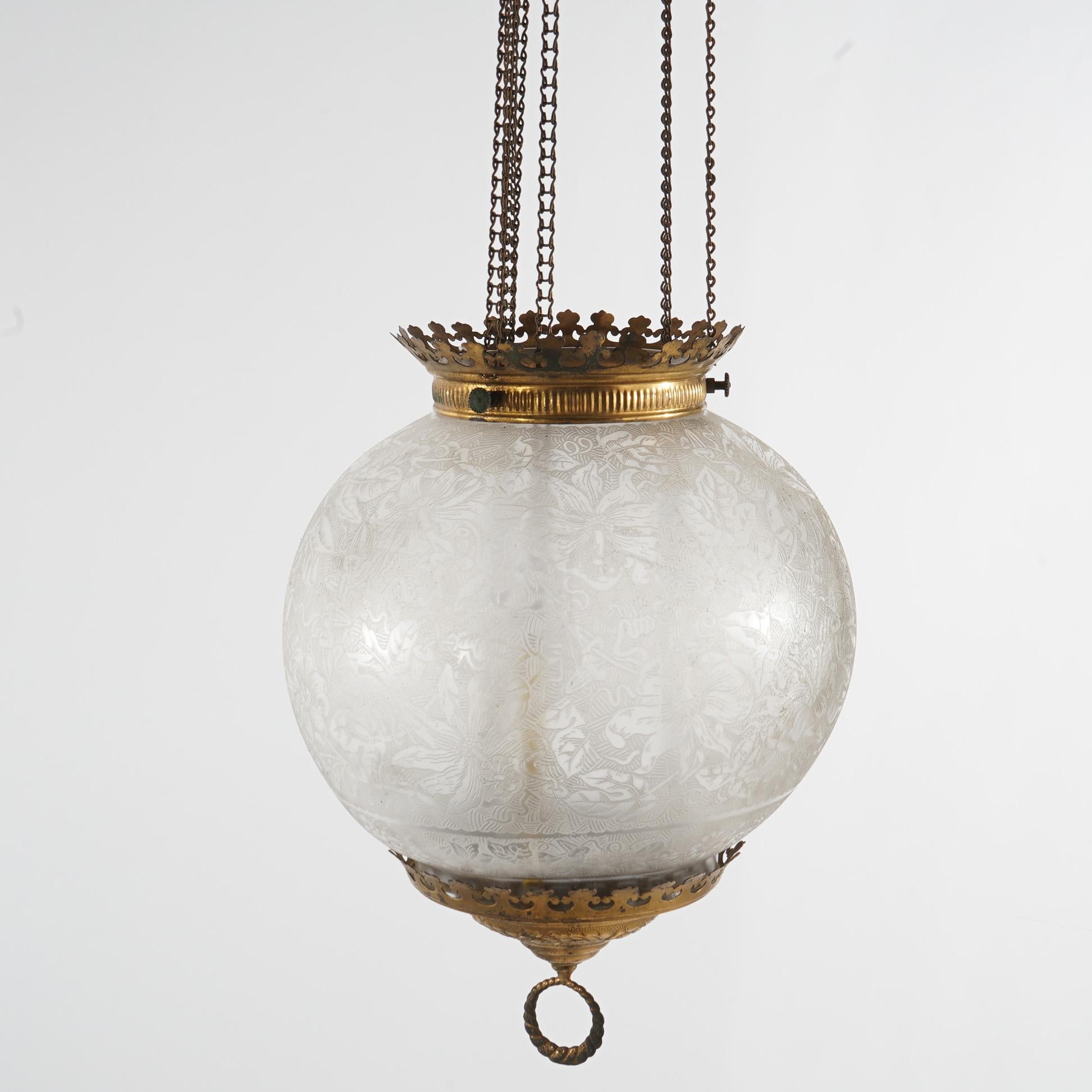 Antique Brass Hanging Pendant Light with Floral Etched Glass Globe c1890 3