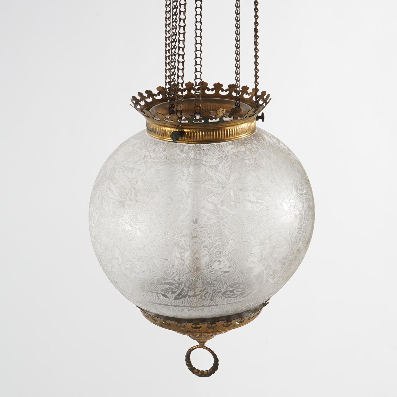 Antique Brass Hanging Pendant Light with Floral Etched Glass Globe c1890 4