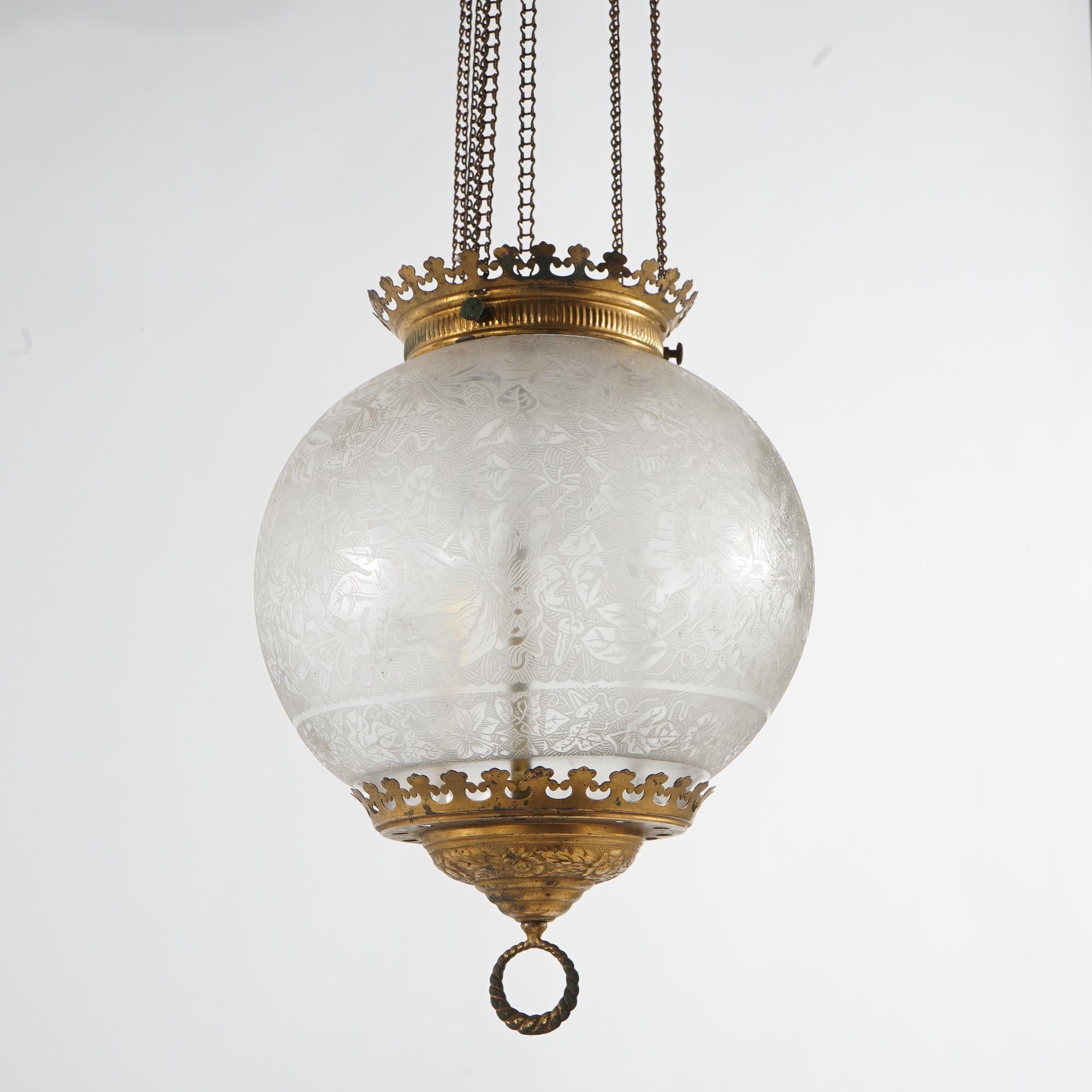 Antique Brass Hanging Pendant Light with Floral Etched Glass Globe c1890 5