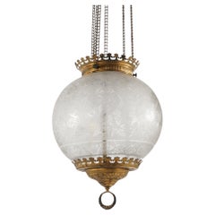 Antique Brass Hanging Pendant Light with Floral Etched Glass Globe c1890
