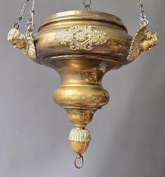 Antique Brass Hanging Sanctuary Lamp with Cherub Details, Early 20th Century