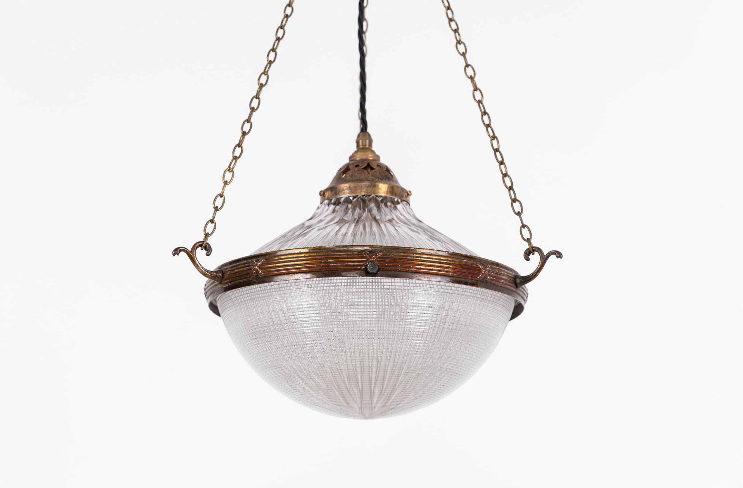 Antique Brass Holophane Blondel Stiletto Prismatic Glass Plafonnier Lamp, c.1920 4