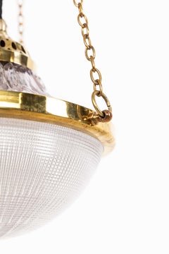 Antique Brass Holophane Blondel Stiletto Prismatic Glass Plafonnier Lamp, c.1920
