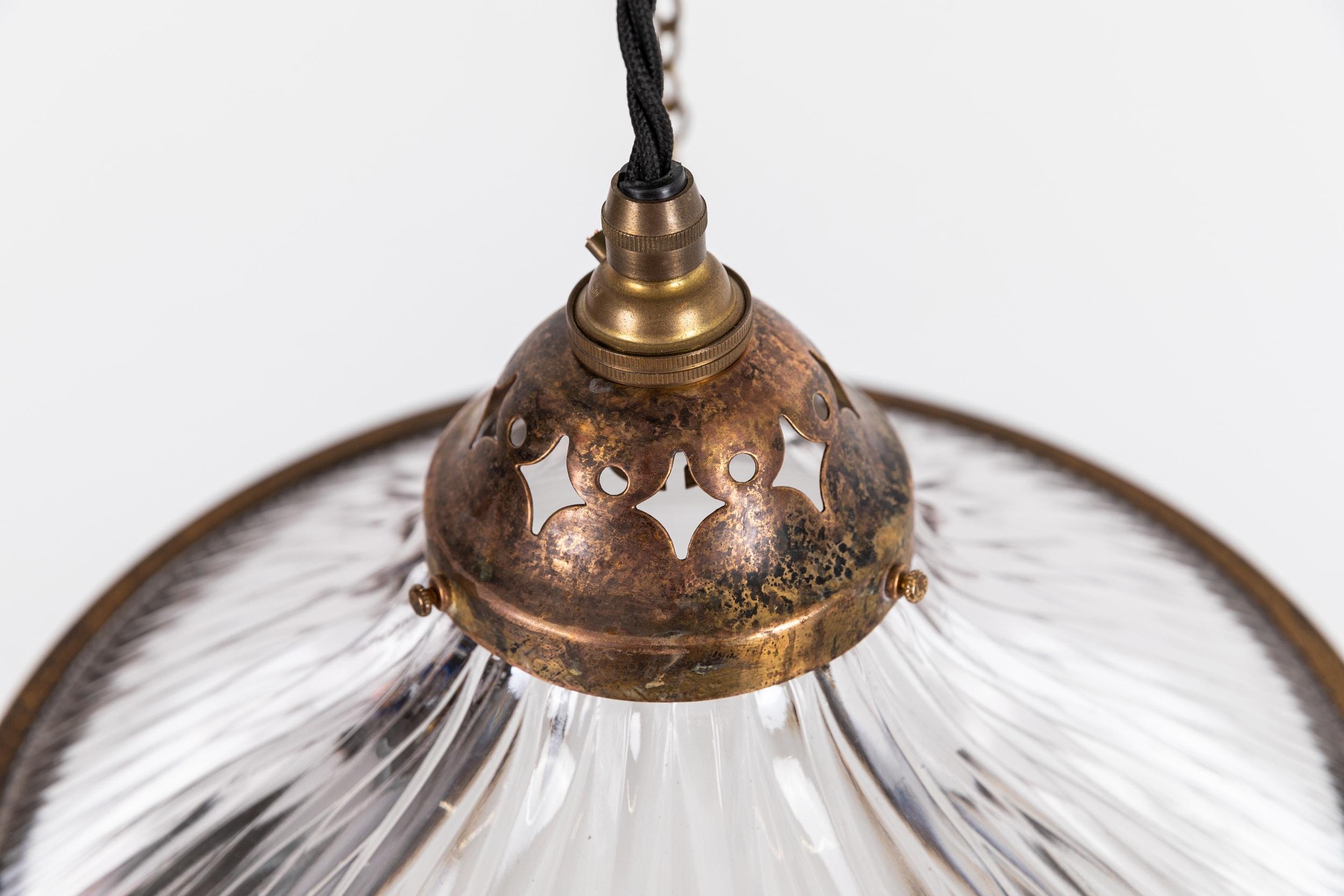 Art Nouveau Antique Brass Holophane Blondel Stiletto Prismatic Glass Plafonnier Lamp, c.1920