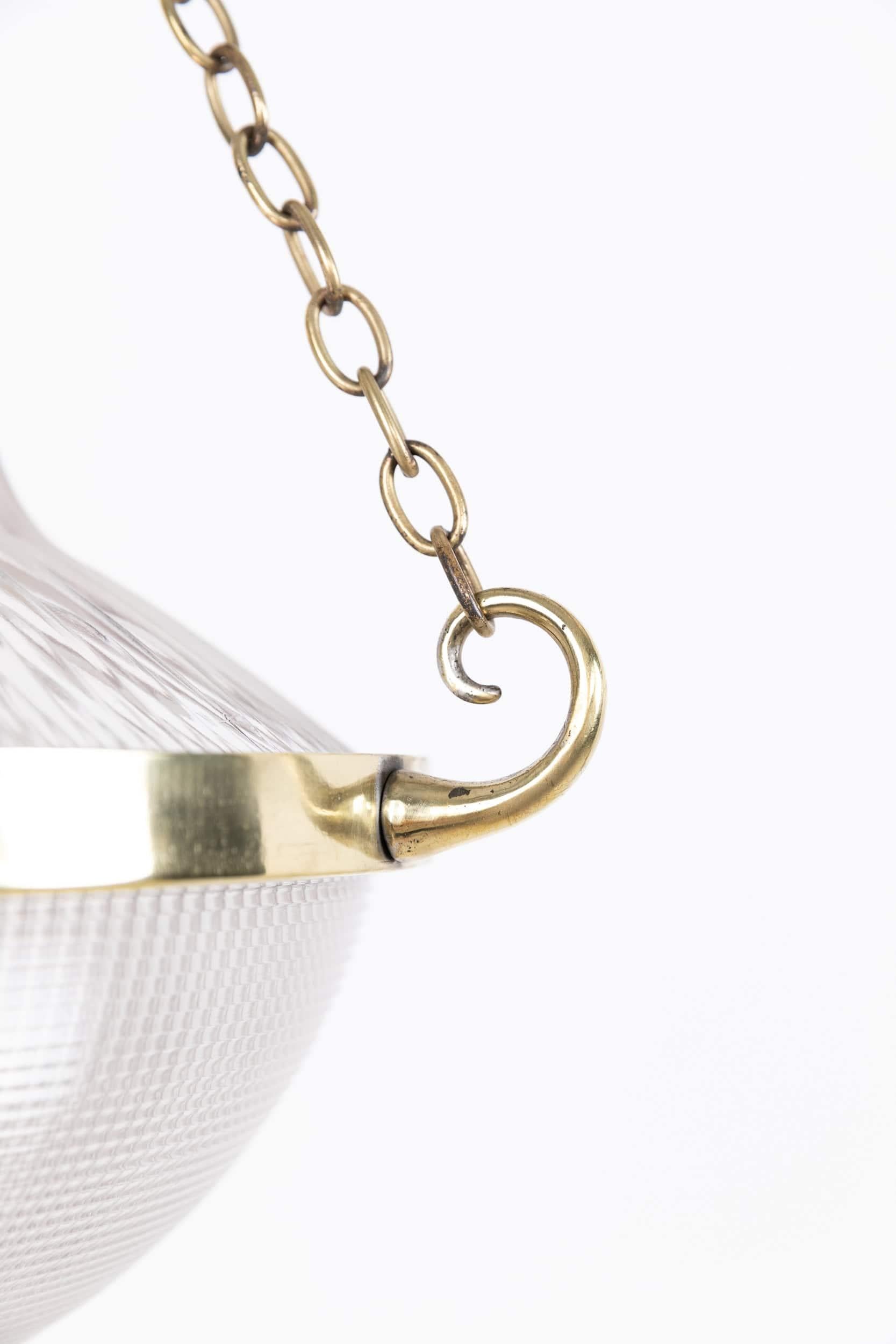 Art Nouveau Antique Brass Holophane Blondel Stiletto Prismatic Glass Plafonnier Lamp, c.1920 For Sale