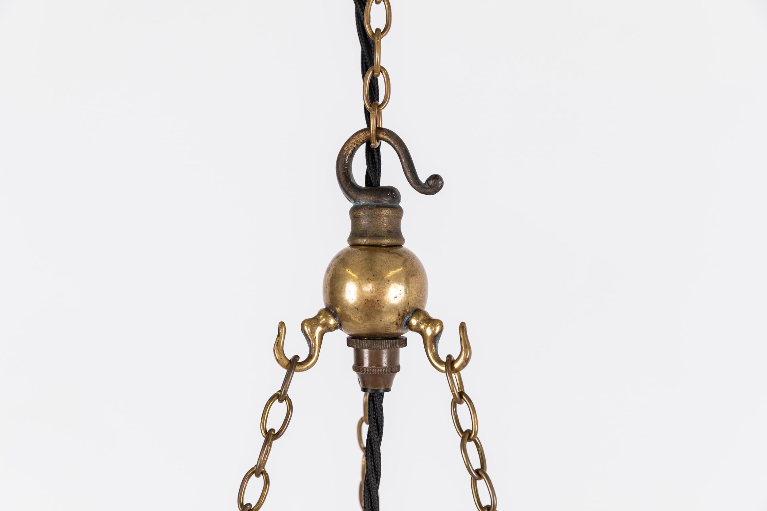 English Antique Brass Holophane Blondel Stiletto Prismatic Glass Plafonnier Lamp, c.1920