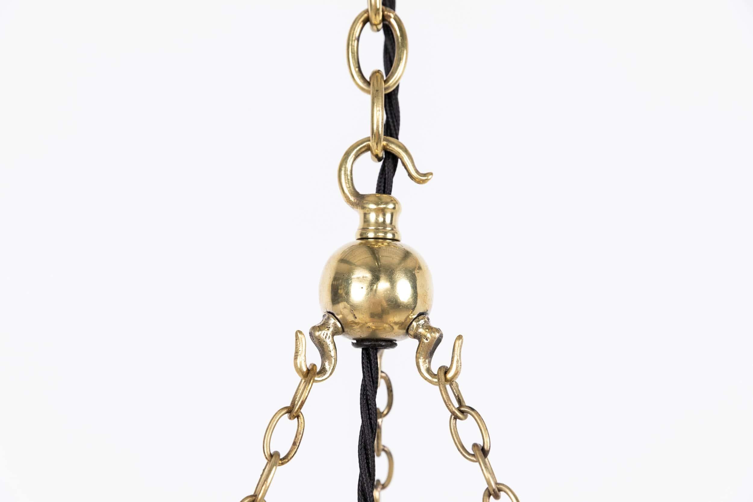 English Antique Brass Holophane Blondel Stiletto Prismatic Glass Plafonnier Lamp, c.1920 For Sale