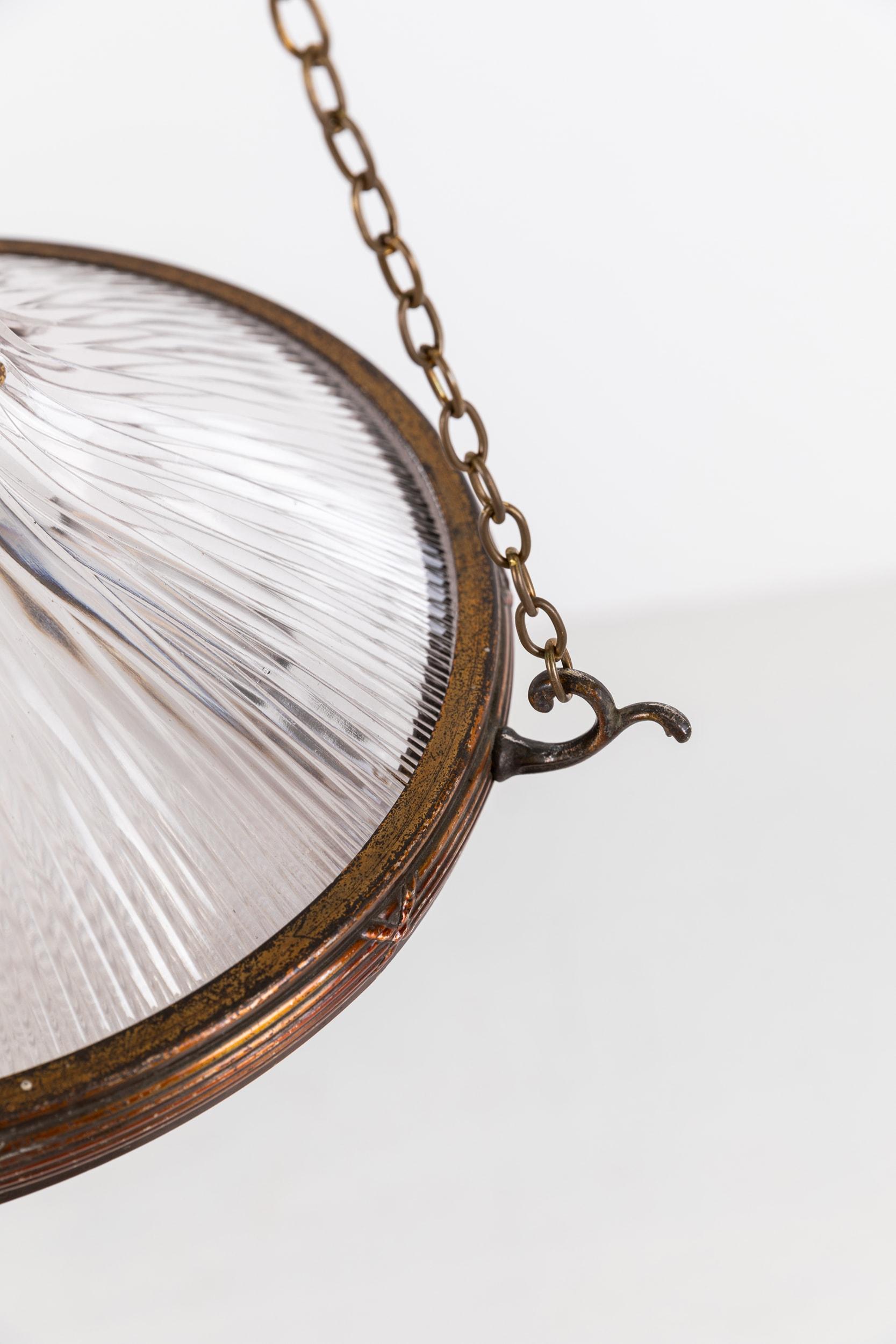 Pressed Antique Brass Holophane Blondel Stiletto Prismatic Glass Plafonnier Lamp, c.1920