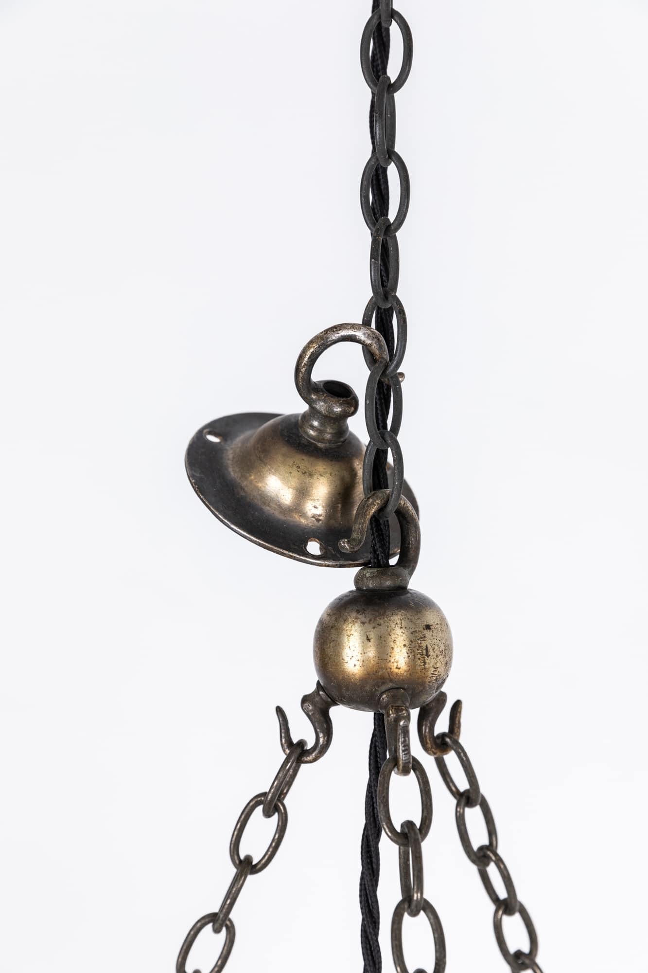 Pressed Antique Brass Holophane Blondel Stiletto Prismatic Glass Plafonnier Lamp, c.1920