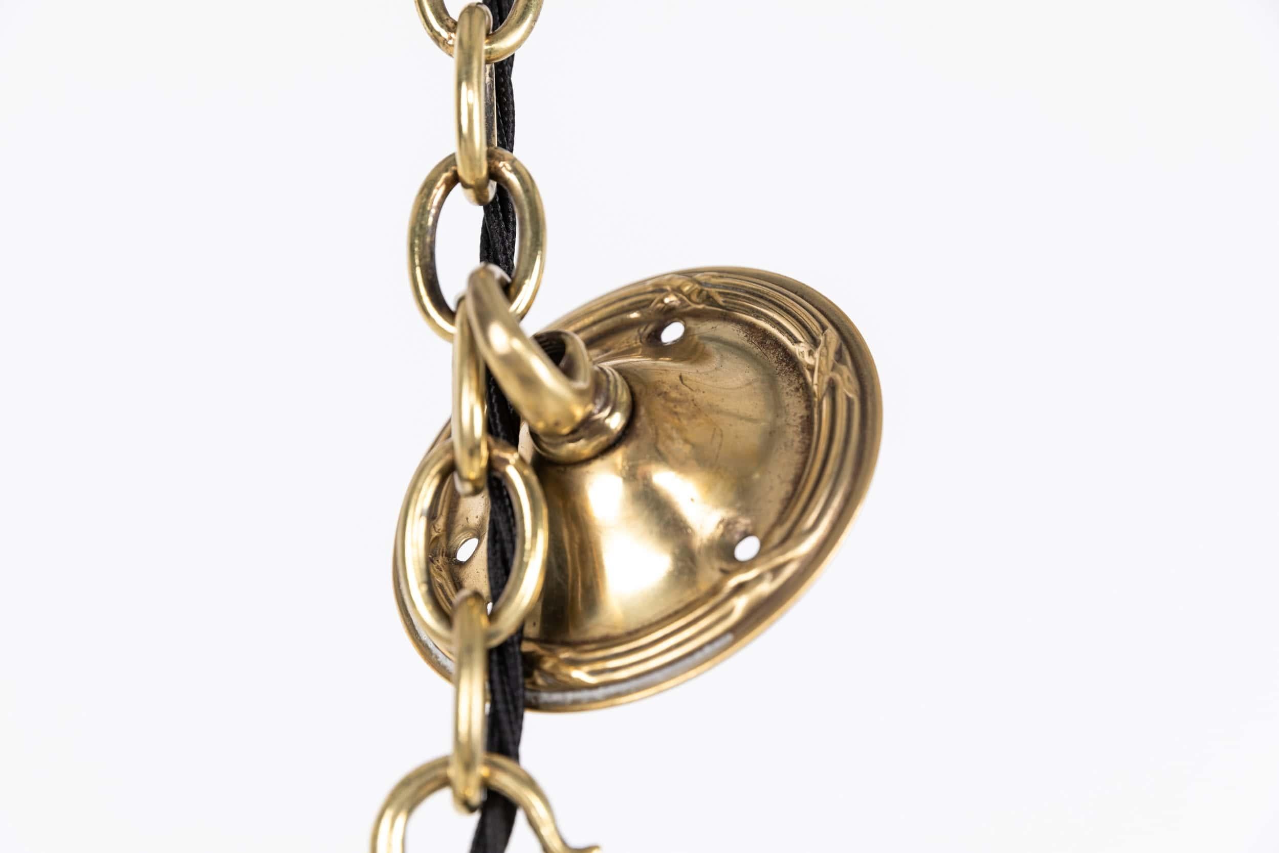 Pressed Antique Brass Holophane Blondel Stiletto Prismatic Glass Plafonnier Lamp, c.1920 For Sale