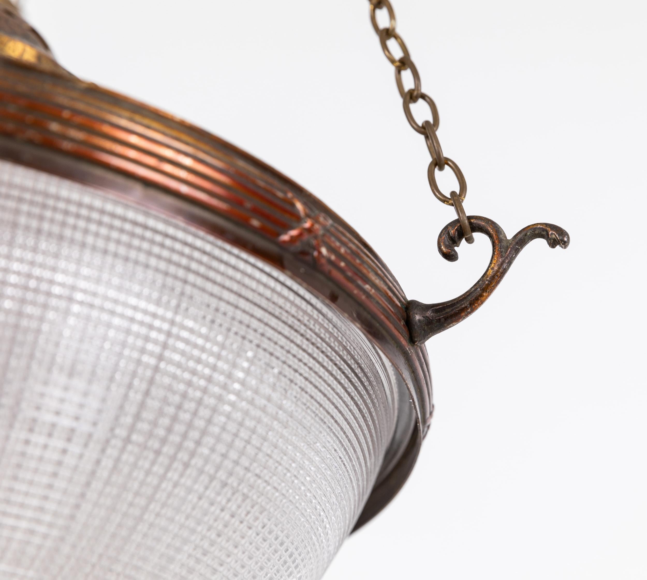 Antique Brass Holophane Blondel Stiletto Prismatic Glass Plafonnier Lamp, c.1920 In Fair Condition In London, GB
