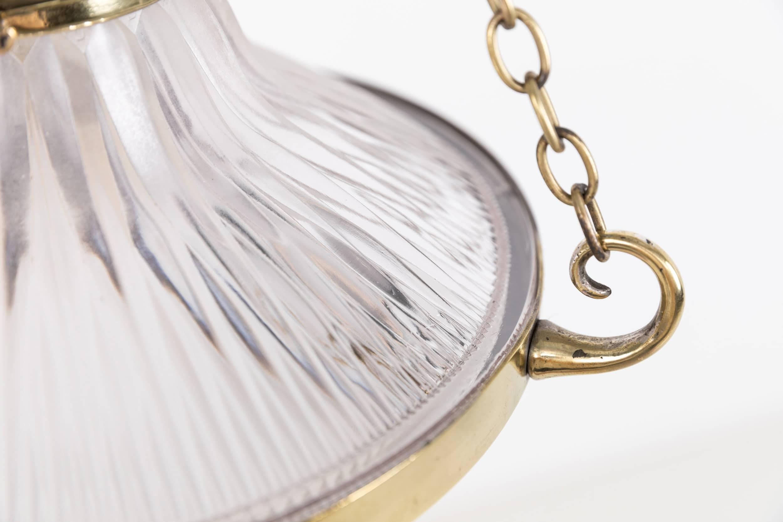 Antique Brass Holophane Blondel Stiletto Prismatic Glass Plafonnier Lamp, c.1920 In Fair Condition For Sale In London, GB