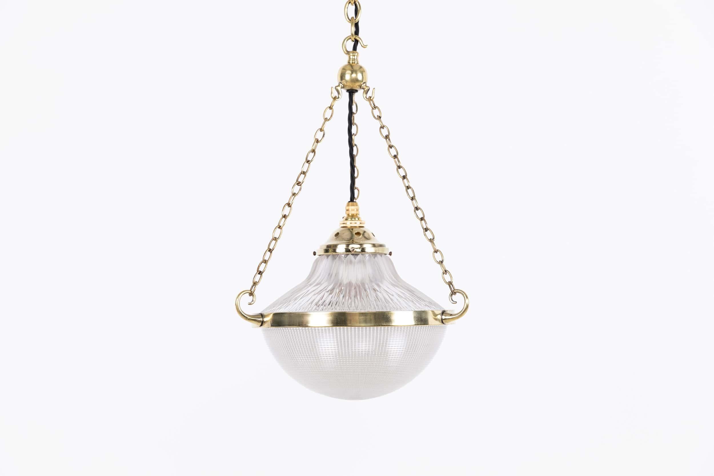 Antique Brass Holophane Blondel Stiletto Prismatic Glass Plafonnier Lamp, c.1920 For Sale 1