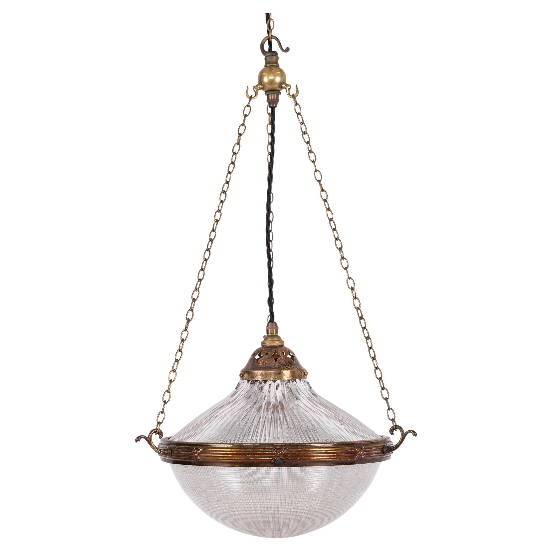 Antique Brass Holophane Blondel Stiletto Prismatic Glass Plafonnier Lamp, c.1920