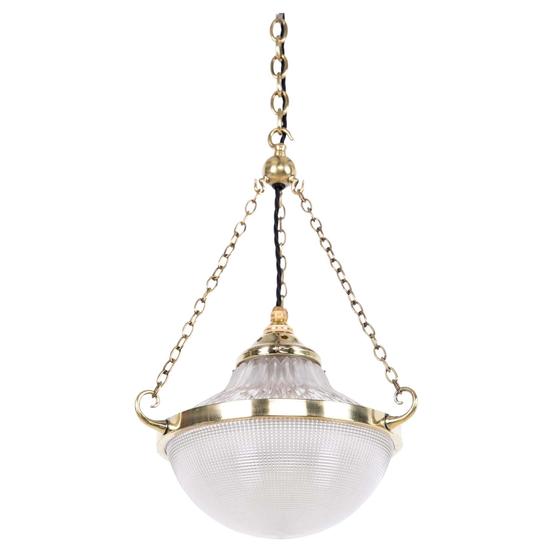 Antique Brass Holophane Blondel Stiletto Prismatic Glass Plafonnier Lamp, c.1920