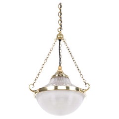 Antique Brass Holophane Blondel Stiletto Prismatic Glass Plafonnier Lamp, c.1920