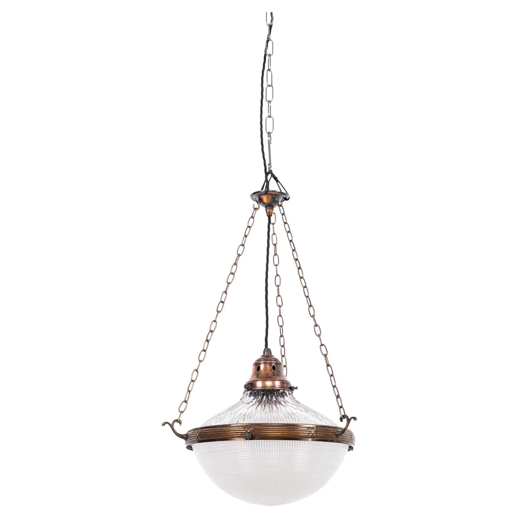 Antique Brass Holophane Blondel Stiletto Prismatic Glass Plafonnier Lamp, c.1920