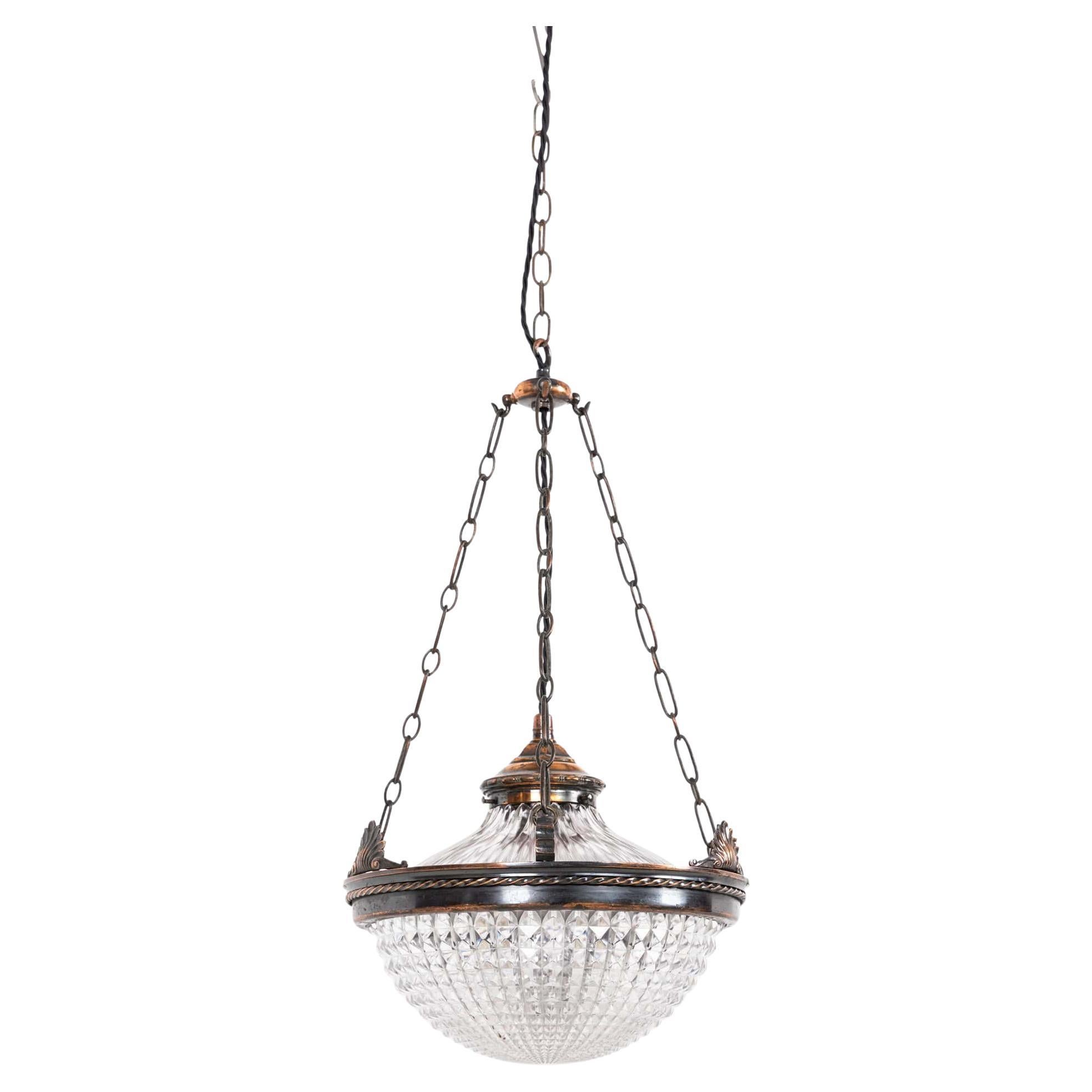 Antique Brass Holophane Blondel Stiletto Prismatic Glass Plafonnier Lamp, c.1920