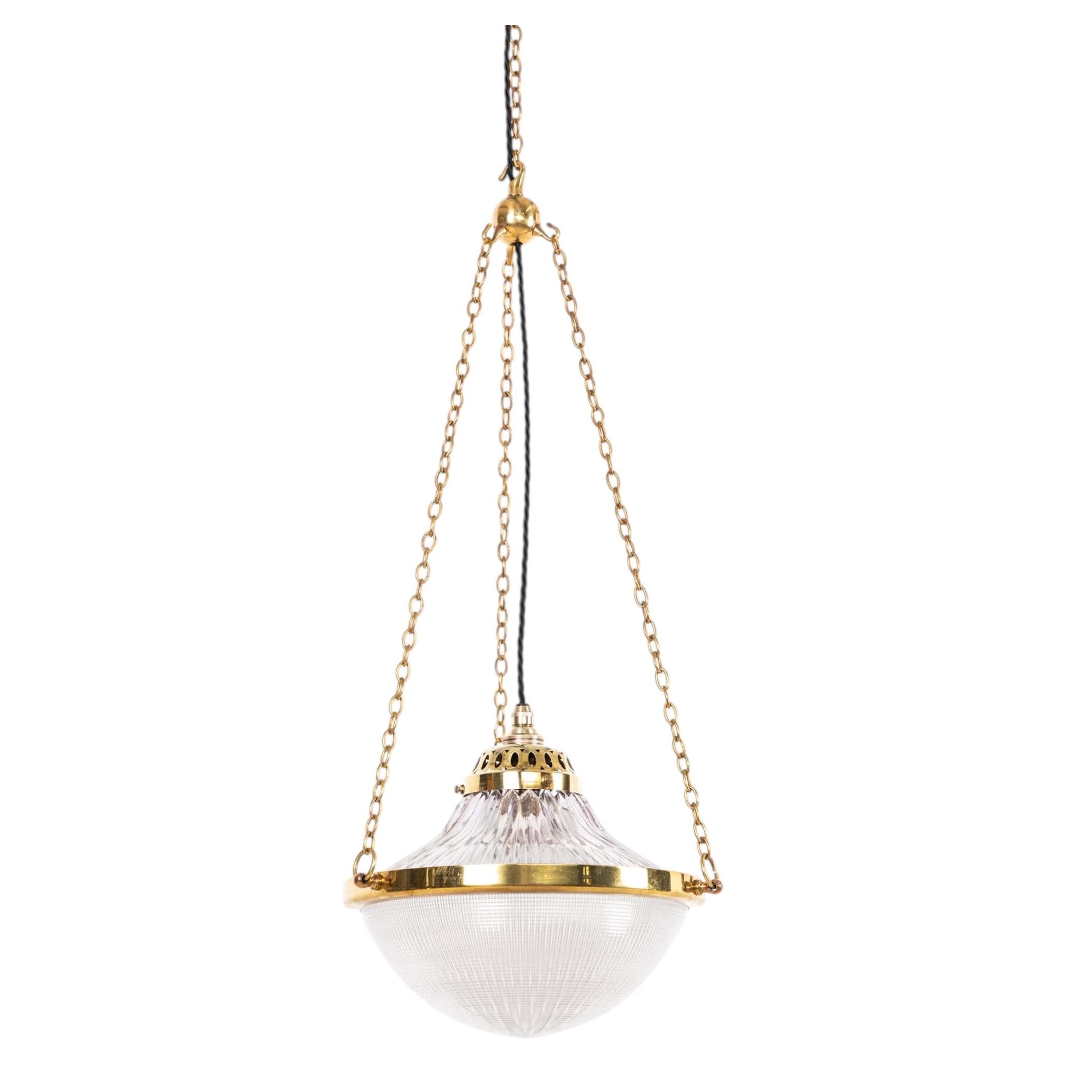 Antike Plafonnier-Lampe aus Messing, Holophane, Blondel, Stiletto, Prismaglas, um 1920