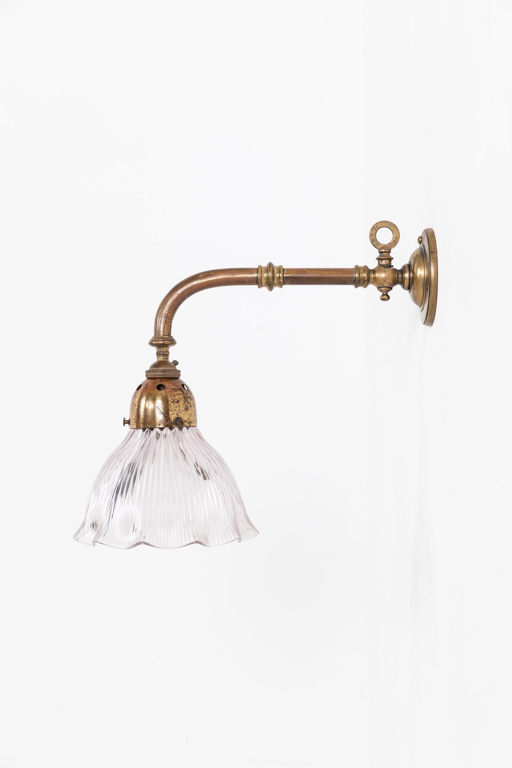 Art Nouveau Antique Brass Holophane Glass Wall Lamp Sconce Light c.1920