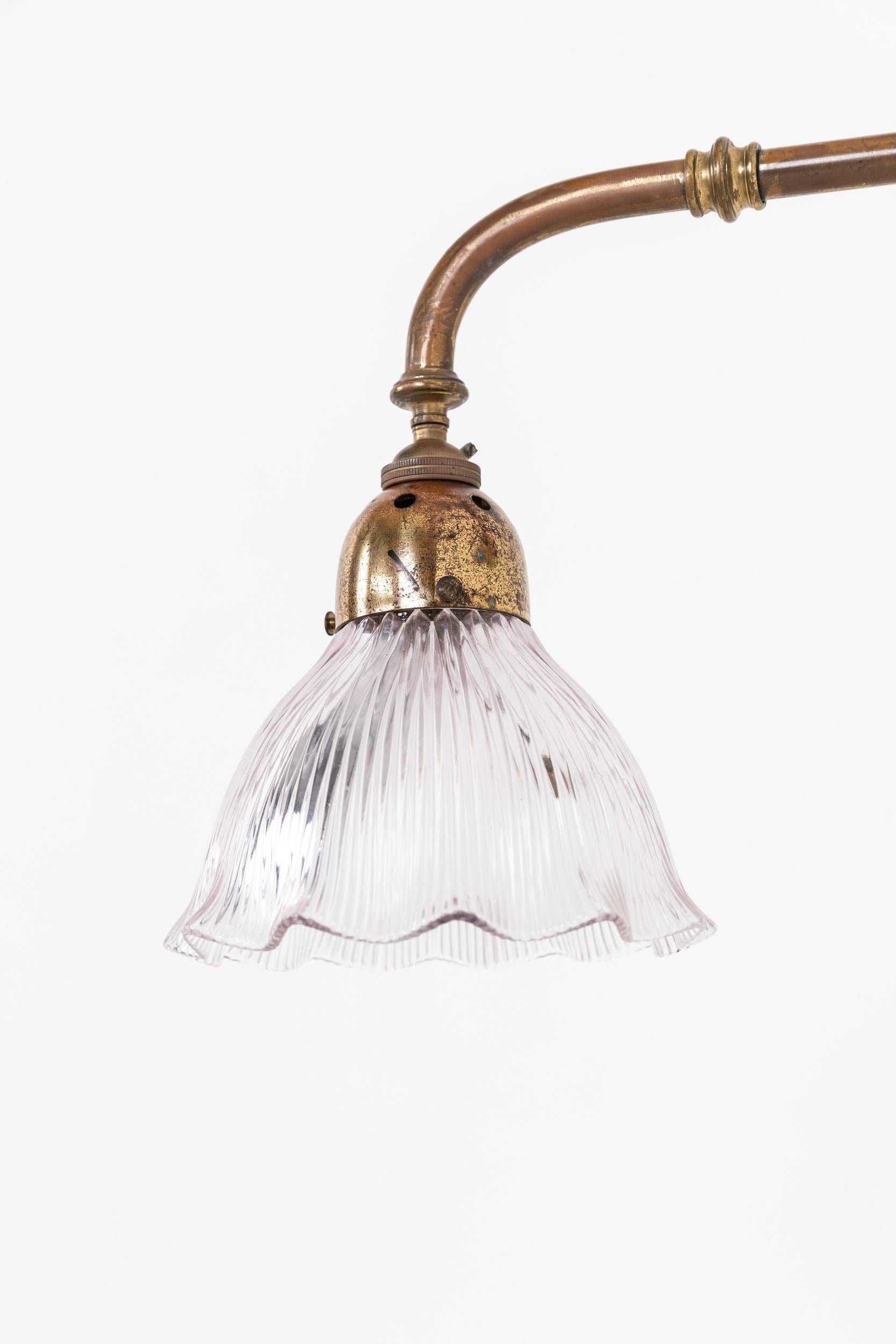 English Antique Brass Holophane Glass Wall Lamp Sconce Light c.1920