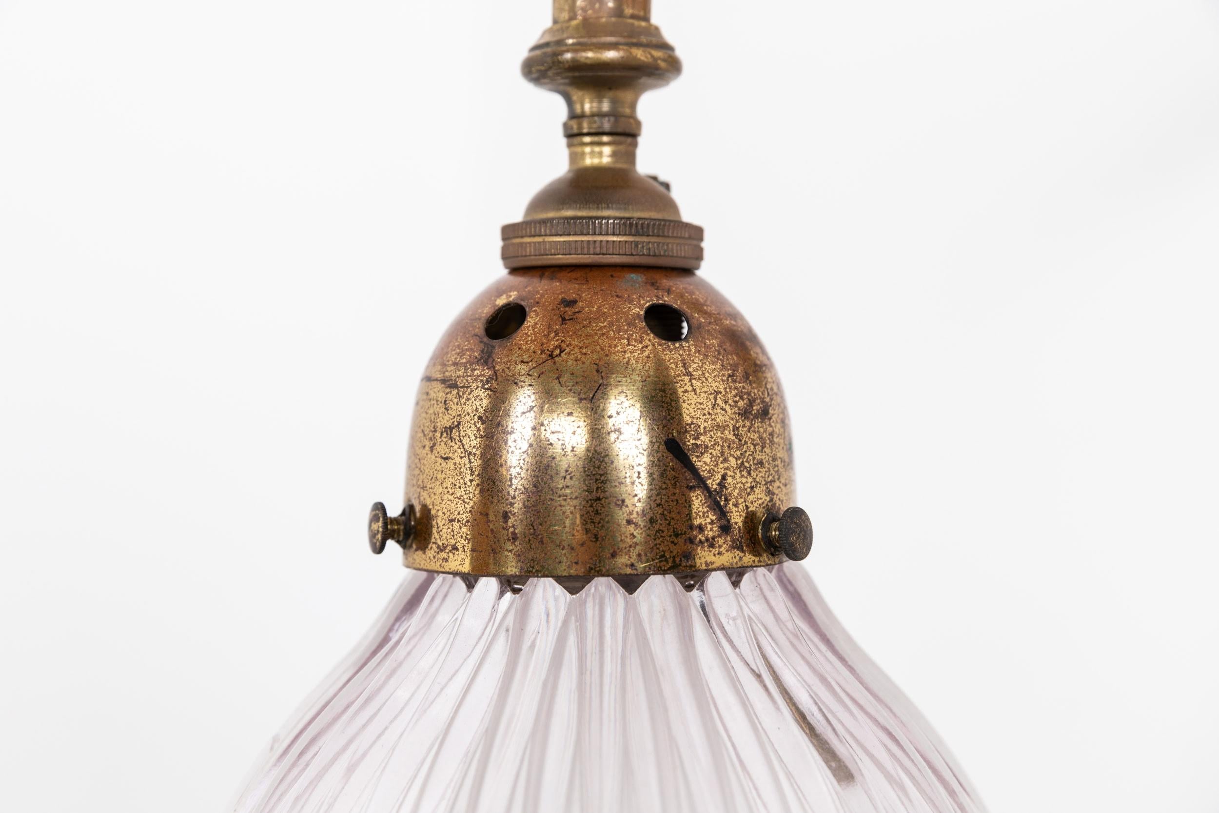 Early 20th Century Antique Brass Holophane Glass Wall Lamp Sconce Light c.1920