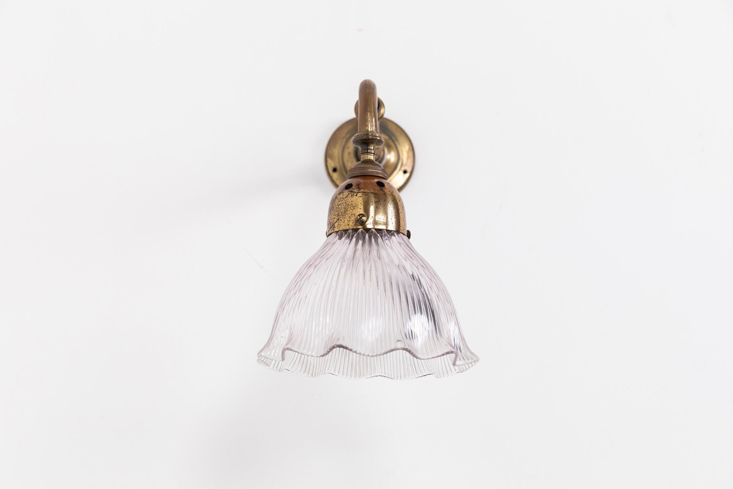 Antique Brass Holophane Glass Wall Lamp Sconce Light c.1920 1