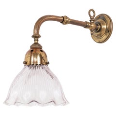 Antique Brass Holophane Glass Wall Lamp Sconce Light c.1920