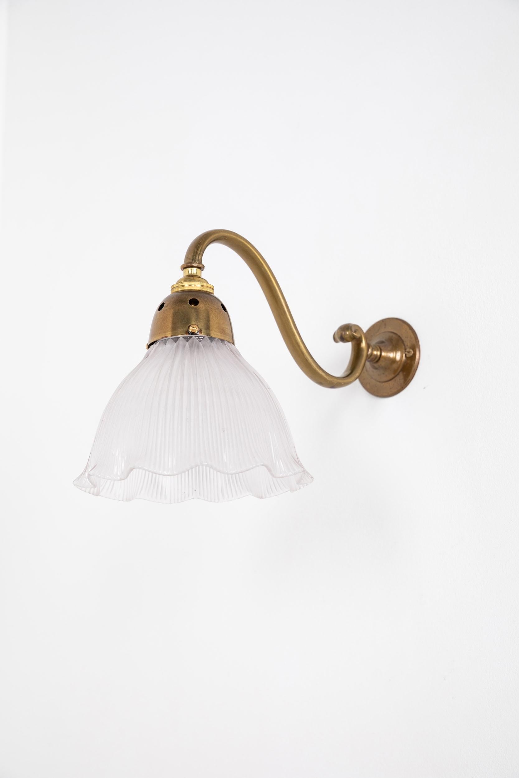 Antique Brass Holophane Glass Wall Lamp Sconce Light c.1930 1