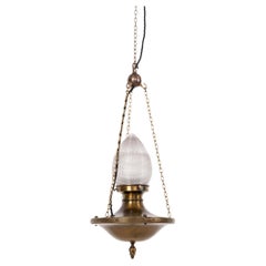 Antique Brass Holophane Prismatic Glass Sanctuary Pendant Light. C.1920