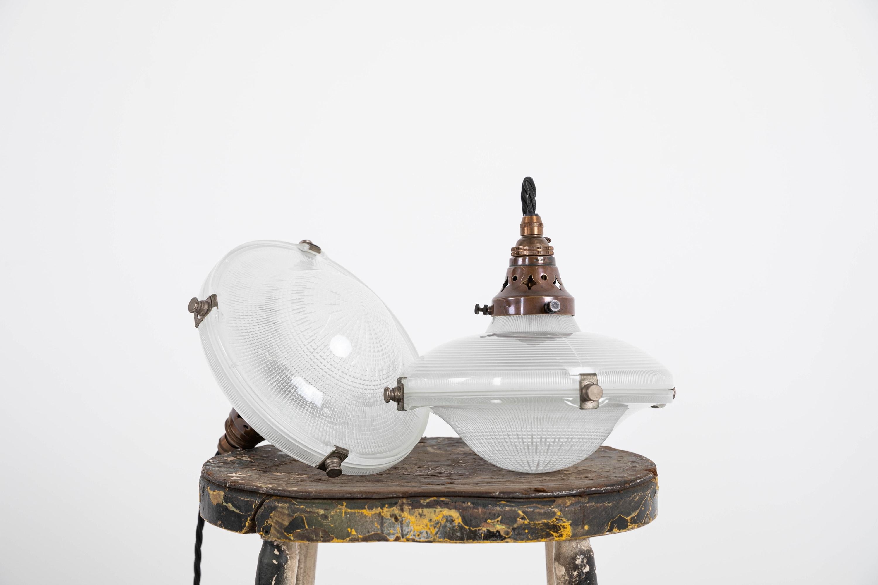 Early 20th Century Antique Brass Holophane 'Ripple-Lite' Prismatic Glass Pendant Lamp, c.1920