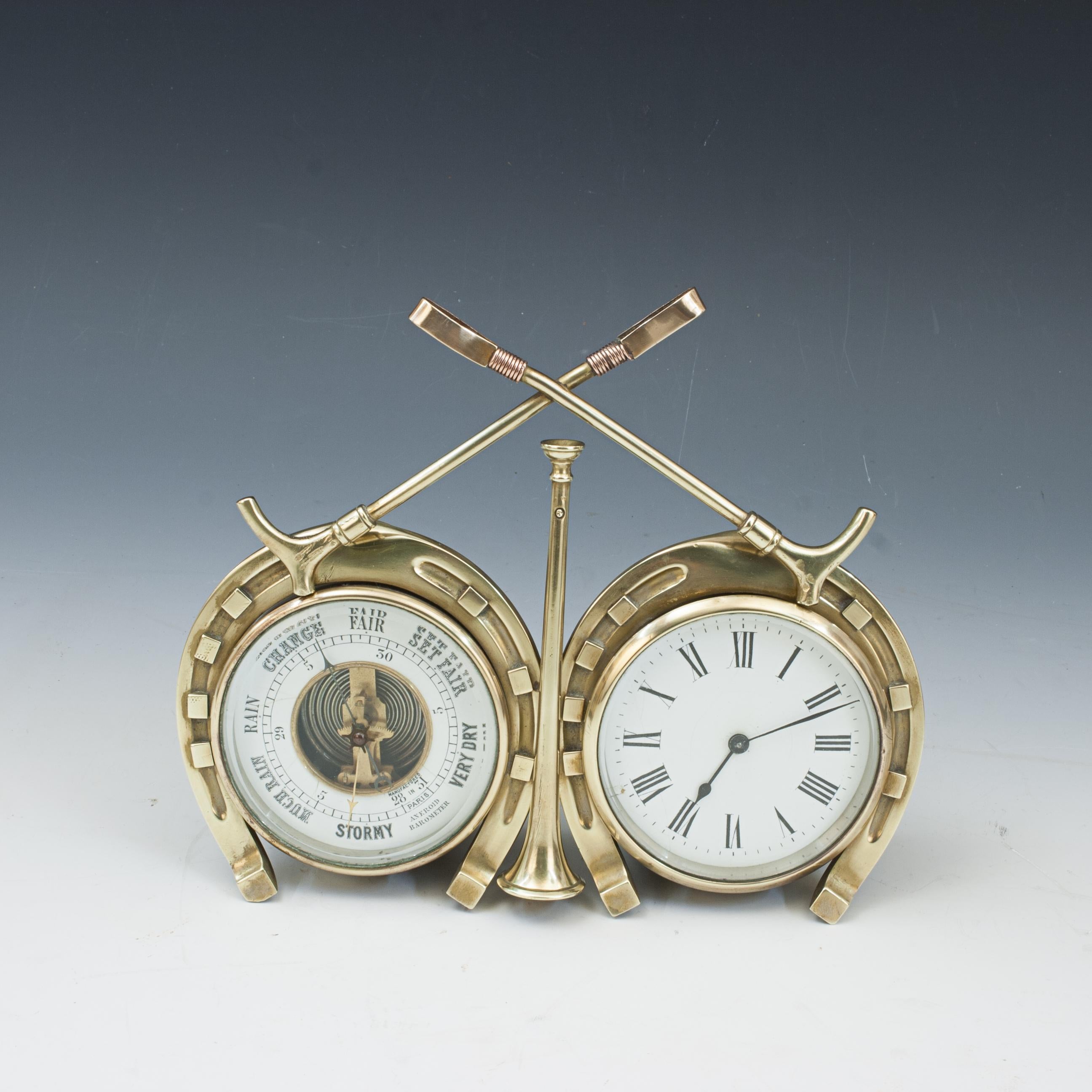 Novelty Desk Hunting Clock With Barometer.
A rare and very unusual late 19th Century novelty fox hunting clock and barometer. The brass desk piece has a 9 cm aneroid barometer and a 9 cm clock with black Roman numerals, manufactured in Paris. The