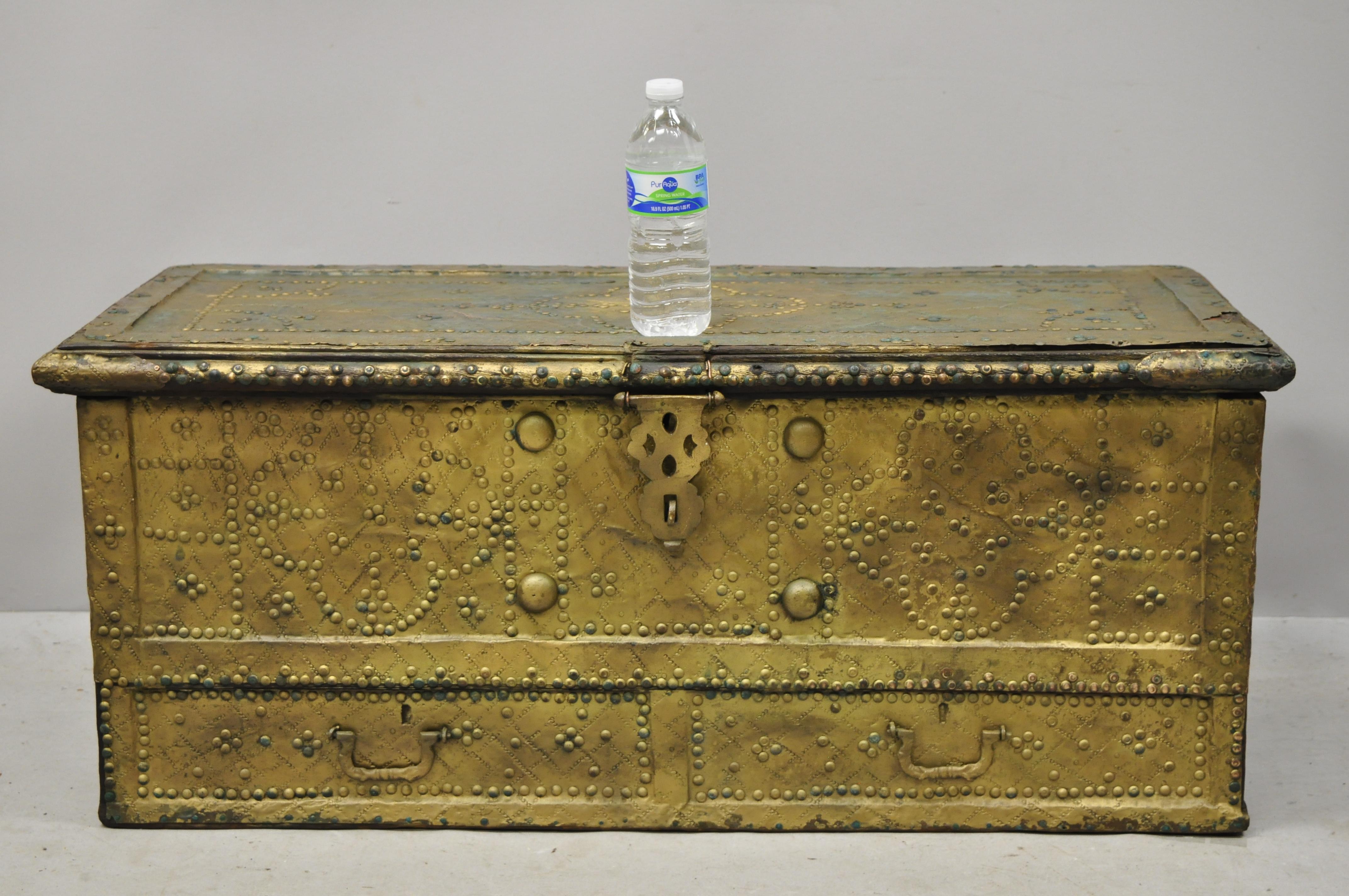 Antique Brass Indian Gothic Mediterranean Dowry Trunk Storage Treasure Chest 5