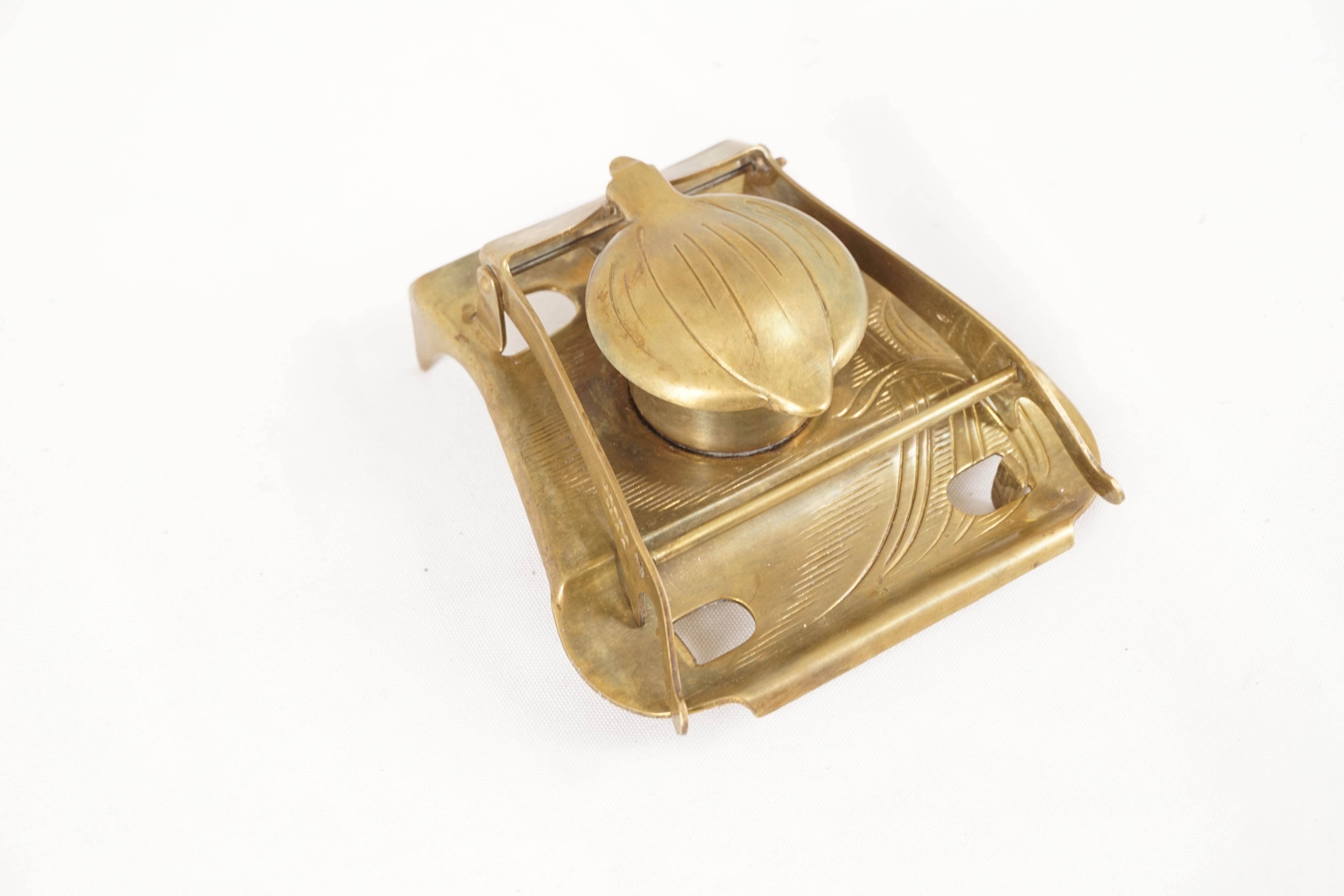 Scottish Antique Brass Inkstand, Art Nouveu, Ceramic Insert, Scotland 1910, B2776y