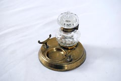 Antique Brass Inkstand, Circular Inkwell, With Pen Rest, Scotland 1910, H557