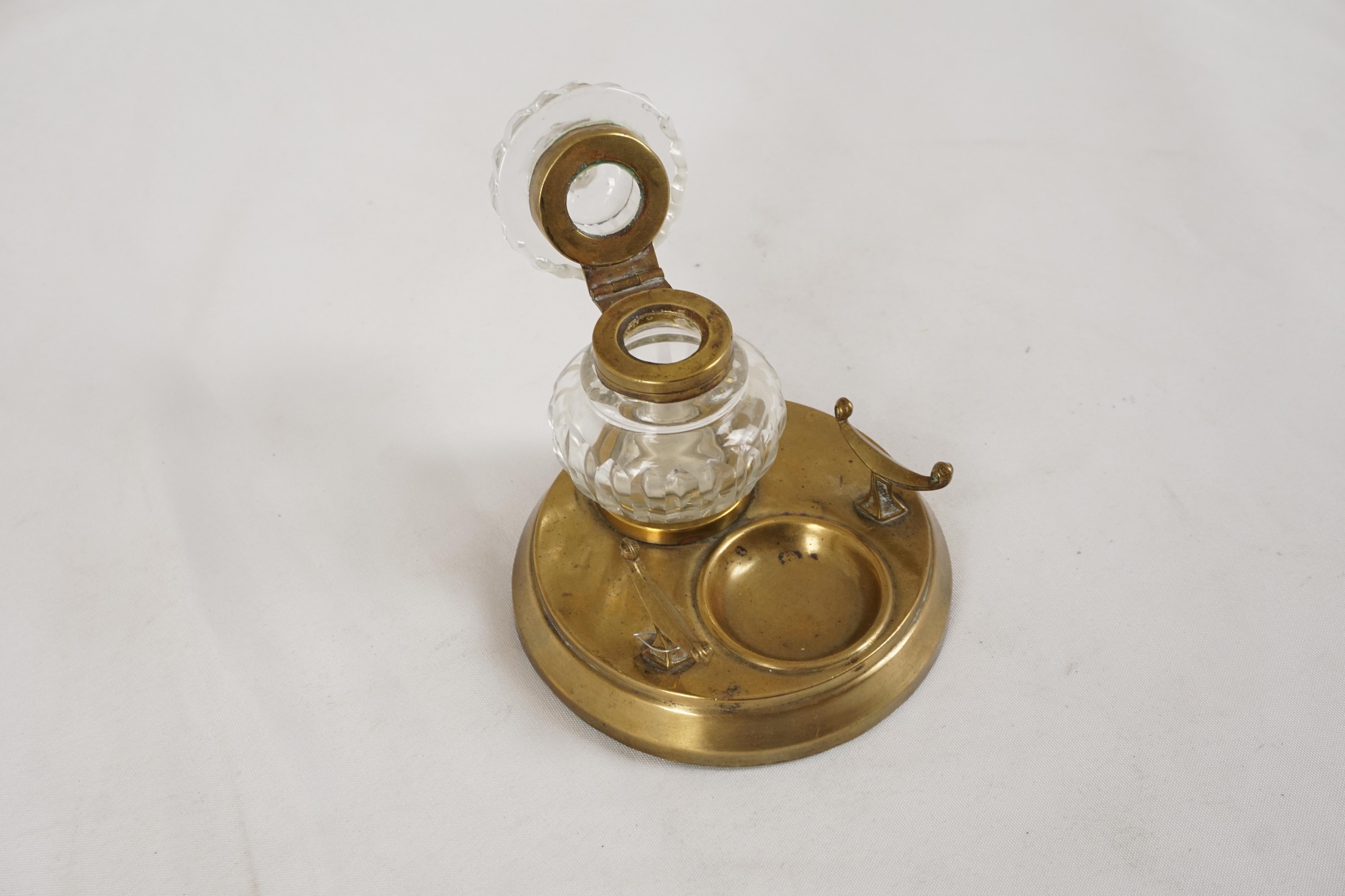 Hand-Crafted Antique Brass Inkstand, Circular Inkwell, With Pen Rest, Scotland 1910, H557 For Sale