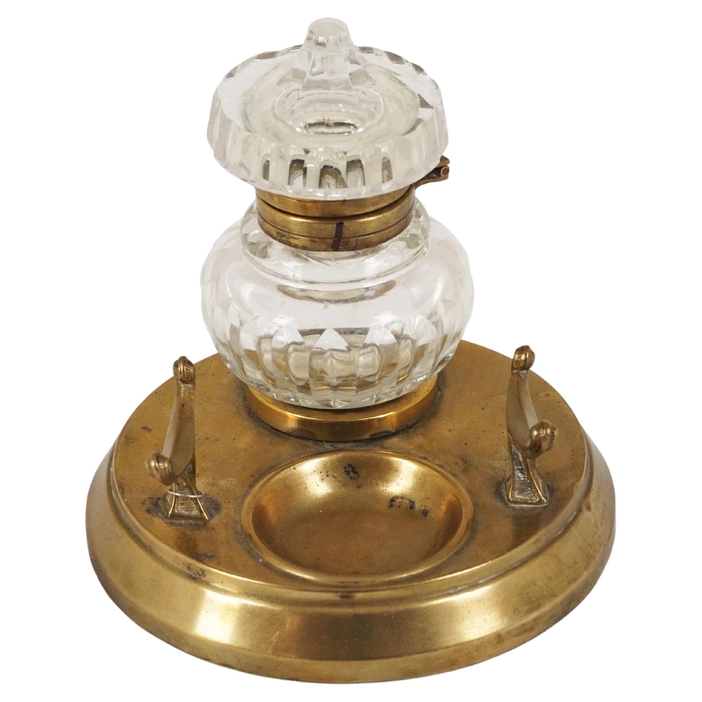 Antique Brass Inkstand, Circular Inkwell, With Pen Rest, Scotland 1910, H557