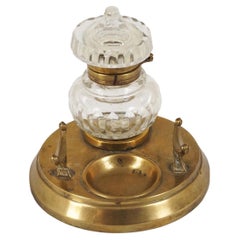 Used Brass Inkstand, Circular Inkwell, With Pen Rest, Scotland 1910, H557