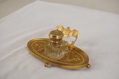 Antique Brass Inkstand, Cut Glass Inkwell, Brass Lid Bat, Scotland 1910, B2773y
