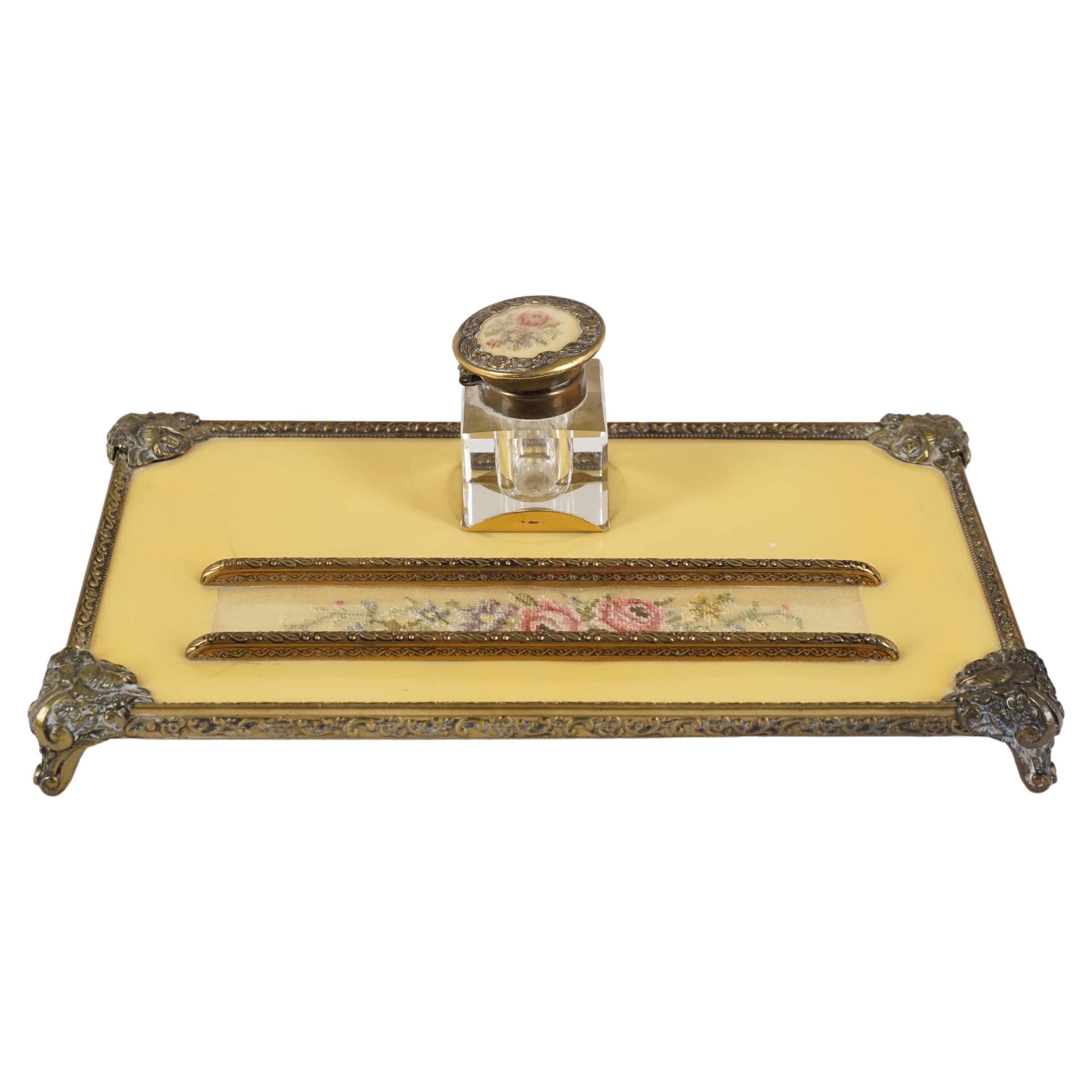 Antique Brass Inkstand, Rectangular Base, Scotland 1930, H559 For Sale