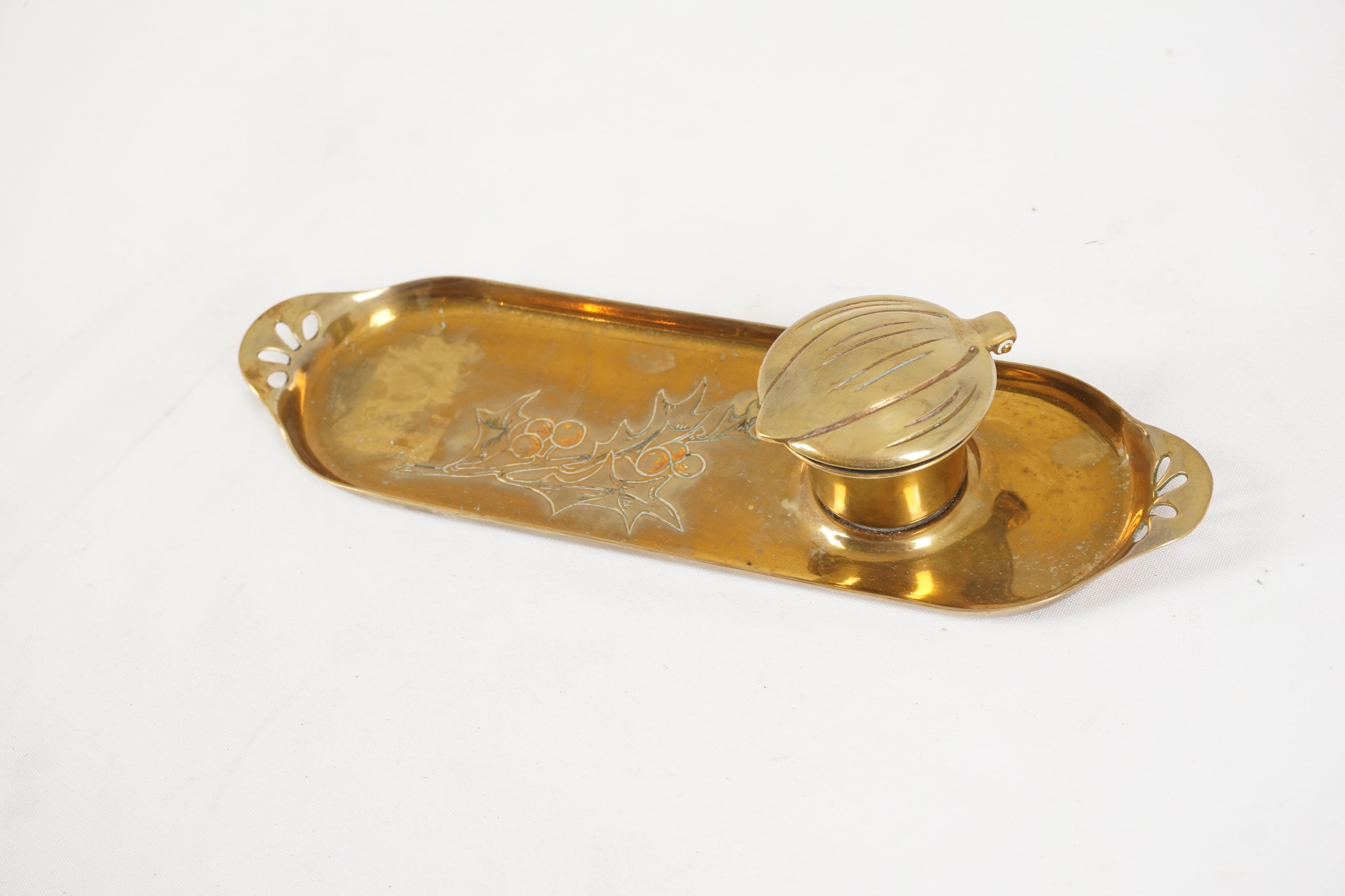 Scottish Antique Brass Inkstand, Single Inkwell, Brass Tray, Scotland 1920, B2780y