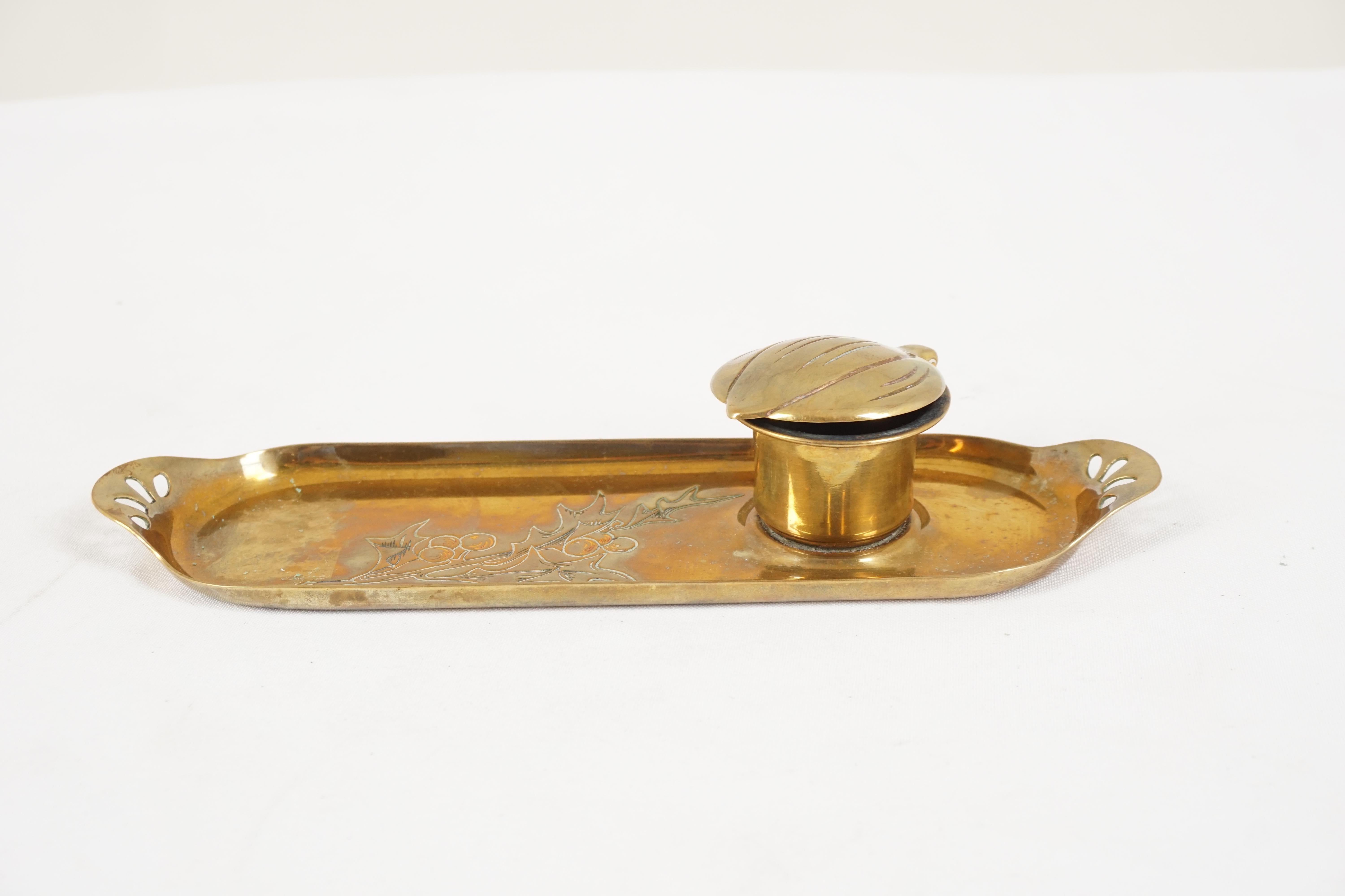 Antique Brass Inkstand, Single Inkwell, Brass Tray, Scotland 1920, B2780y In Good Condition In Vancouver, BC