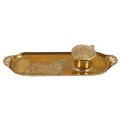 Antique Brass Inkstand, Single Inkwell, Brass Tray, Scotland 1920, B2780y