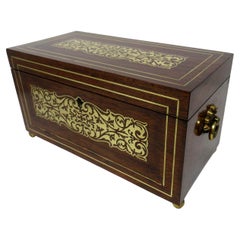 Antique Brass Inlaid English Regency Mahogany Double Tea Caddy Box 19th Century
